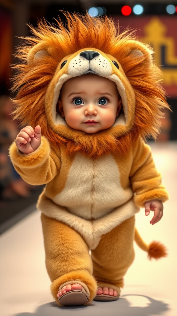 A cute small chubby fair baby with big eyes, pink lips, and pink cheeks is wearing a furry cozy lion costume and doing a ramp walk in a fashion show, walking with a real lion while holding the lion with one hand. Cinematic.