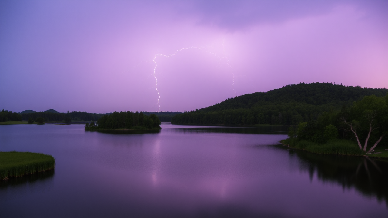 photo, lakes, nature, purple sky, lightning