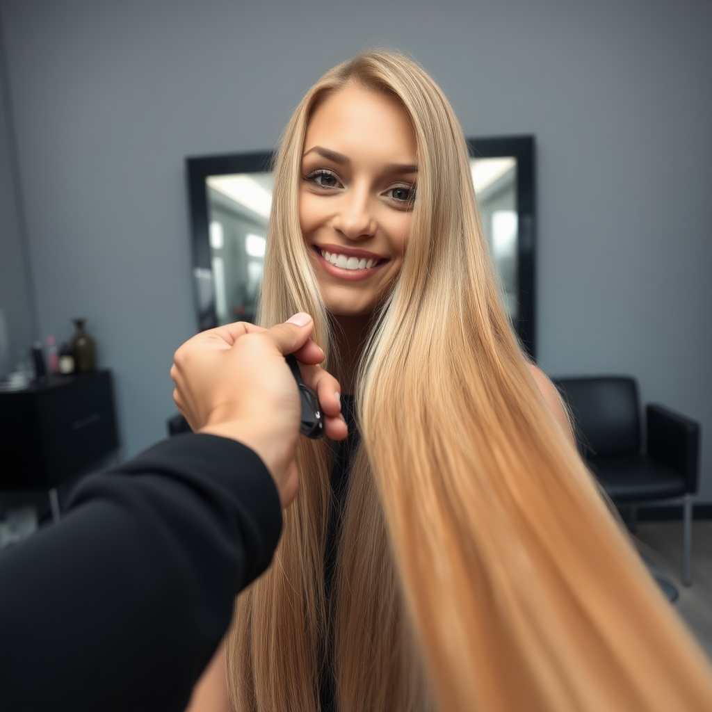 POV, beautiful very long haired blonde woman sitting in a hair salon smiling at the camera while I reach out from behind the camera to trim her very long hair. Plain gray background.