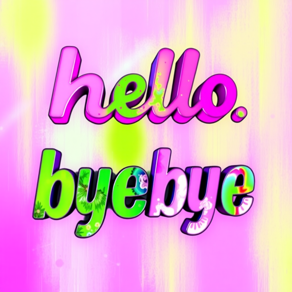 A modern art piece that reads both "hello" and "byebye". It is shockingly colorful with vibrant pinks and neon greens.