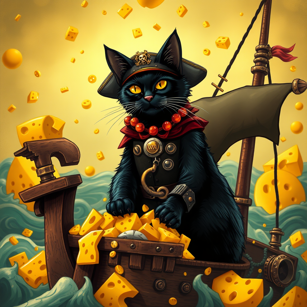 Black cat pirate Captain with treasure cheese filled with cheese on a pirate ship in a sea of cheese, steampunk