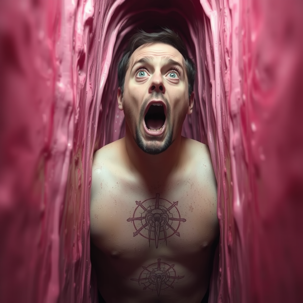 Man stuck in a tight passageway. Only his head and torso are visible. The walls of the passageway are pink, wet, and flesh-like. He has a shocked expression.