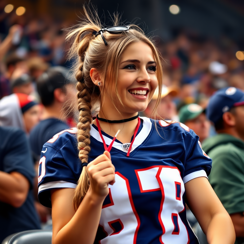 Female NFL fan, hot, pigtail hair, jersey, cheering, inside the crowd