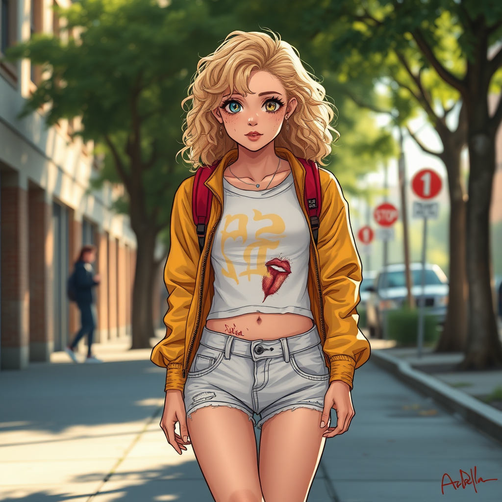 Realistic drawing style image, Extremely good quality 8k resolution drawn manga image of a 15 year old petite and short tomboy girl with golden blonde curly hair with mixed and different colored eyes for each eye and moles on her entire body and is a white American girl, Has on a Gold Jacket over a white extremely short crop top only covering her breasts and nothing more with a design on it, and has on ripped shorts and cool looking sneakers and a deep and big knife cut wound on her stomach from a huge injury she had, with a bright color backpack, ear piercings on, walking on the street to school in the morning with the beautiful sunlight lighting up her body beautifully with no tattoos.