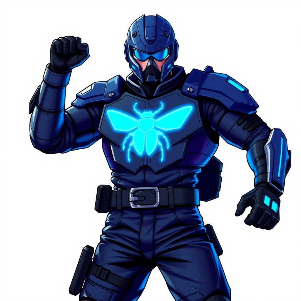 A 28-year-old cyberpunk vigilante stands heroically, clad in high-tech, maximum blue leather armor featuring a neon blue glowing beetle on the chest. They wear black biker pants, a black belt with a sapphire beetle buckle, and a head covering helmet resembling a sleek, tactical design, but colored maximum blue with neon blue glowing lenses. Their hands are protected by black metal gloves, all set against a solid white background. He is drawn as if he was in a retro 2D cyberpunk fighting game.