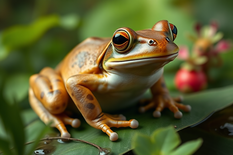 Create a full-length photorealistic image of a frog modeled after the framework and silhouette of a horsefly, ensuring the frog's head remains intact complete with distinct facial features. Retain the frog's smooth skin texture alongside soft, fur-like details representing the horsefly's characteristics. For the background, blend elements from both the frog's natural habitat and the horsefly's environment, incorporating lush greenery and vibrant colors to evoke the essence of each creature. The scene should harmonize these diverse attributes, showcasing a unique fusion of the two animals.