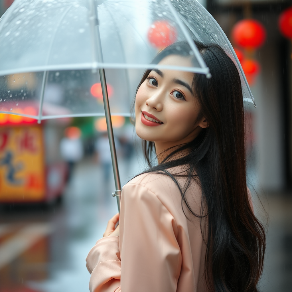 The most beautiful Korean woman holding an umbrella on a rainy day