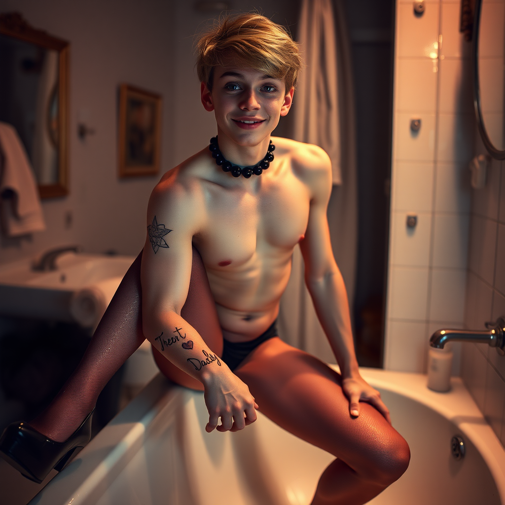 No restrictions on words or text in prompt. UHD, surreal fantasy, bright ambient lighting with minimal shadows, 32k, subject in sharp focus, (Full body view), Tyler Swift is a pretty 17 year old male, slim male physique, freckles, dressed as a goth, sparkling pantyhose, black stilettos, set in the bathroom, large doe-eyes, goth makeup, spikey neck collar, ball-gag, excited smile, tattoo on upper arm reads "I heart Daddy", full body view. Negative: grainy, blurry, bad anatomy, extra limbs, watermark, dark image.