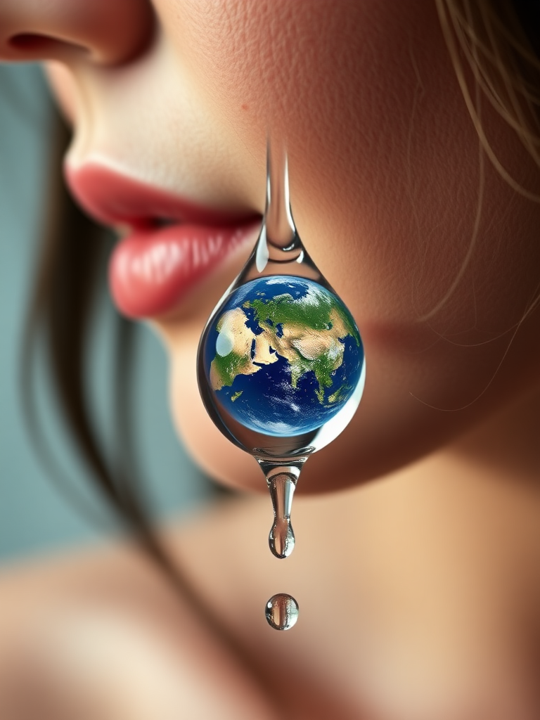 Create the following prom: A large single drop of water runs down a woman's cheek. In the drop you can see the earth with the continent of Europe.