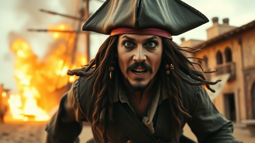 mrfabiom as Jack Sparrow running from a galleon in flames, with nobody around, through the desert streets of a colonial port town, in a typical "pirates of the Caribbean" situation. He has the typical Jack Sparrow expression: wide-open eyes but a mouth closed, as if he’s about to scream but at the same time trying to maintain an air of nonchalance. It’s an expression that says: “I’m in big trouble, but I have a plan… maybe.”  
shot from a wide angle