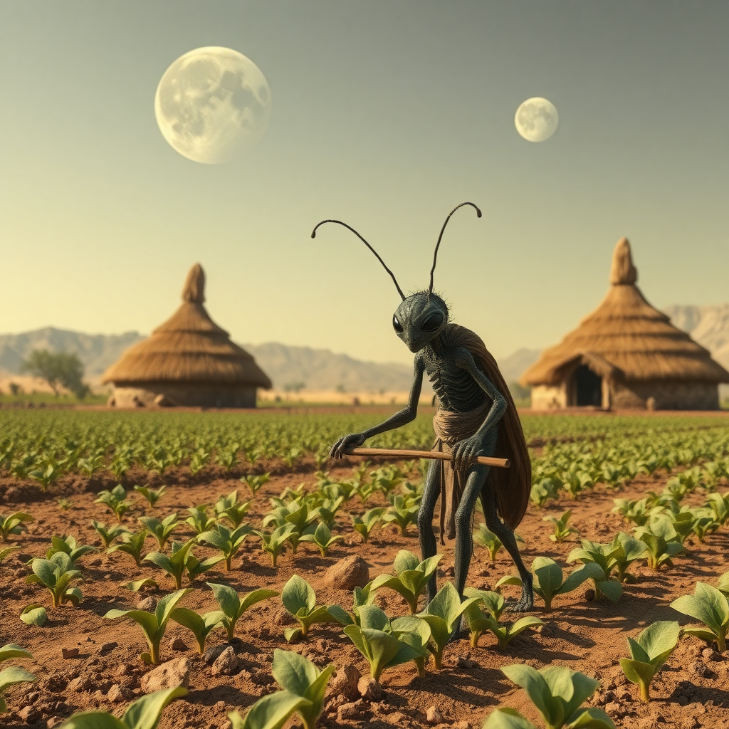 A humanoid insect alien in tribal clothing tilling a field of alien crops, alien huts in the background, ((two moons)) visible in the sky, low gravity.