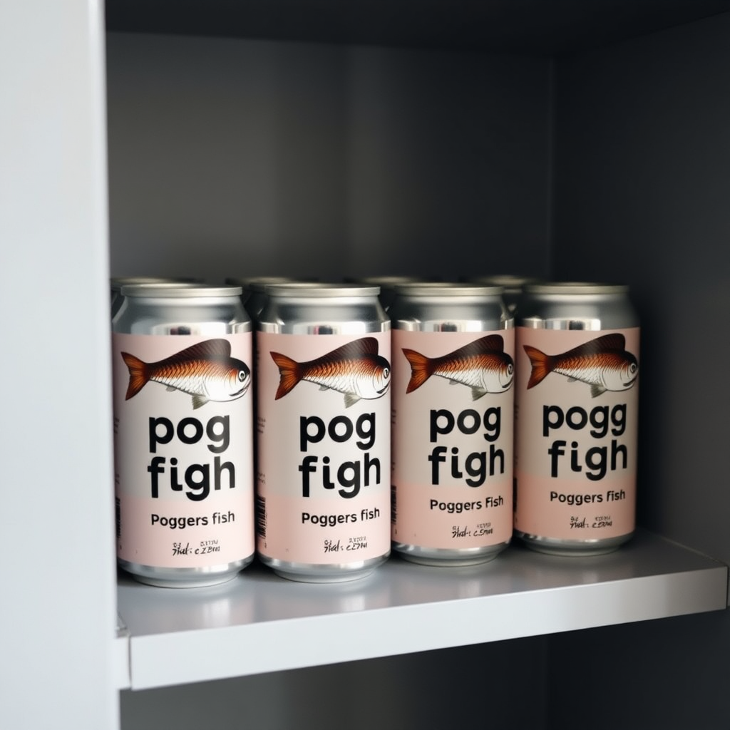 a small shelf with cans that have an image of fish on the label and text saying "pog fish poggers fish"