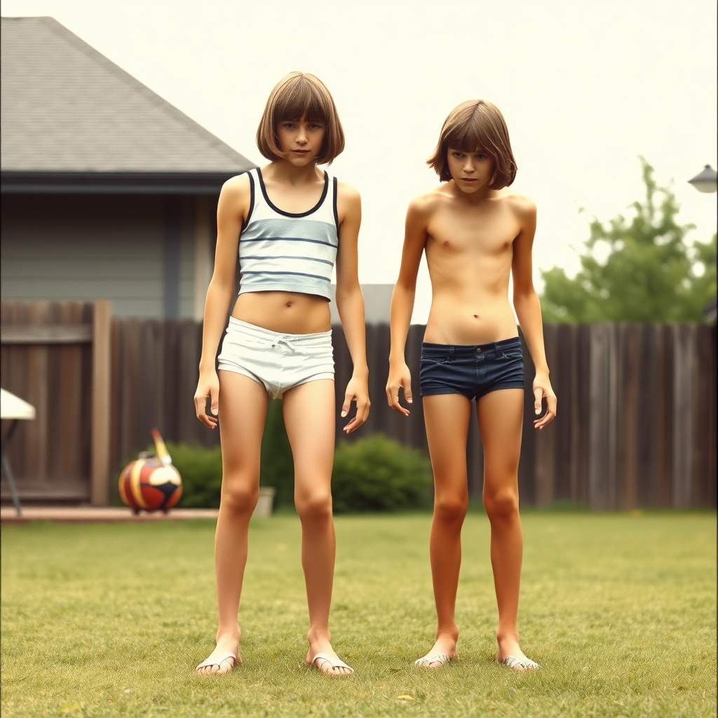 two tall 14yo teen boys, long hair bob cut, wearing crop tank top and very tight dolphin booty shorts, long legs, narrow thighs, full-length front view. 1970s. Playing at backyard. photorealistic, ultra high resolution, 16K, Negative: grainy, blurry, bad anatomy, extra limbs, watermark.