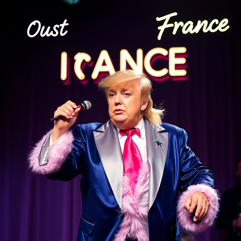 Donald Trump as a Drag Queen with brushing, eyeliner, pinky gloss and a flashy robe is dancing on a scene. A text in neon letters is written above the scene. 'Ouest' on the upper left side and 'France' on the upper right side.