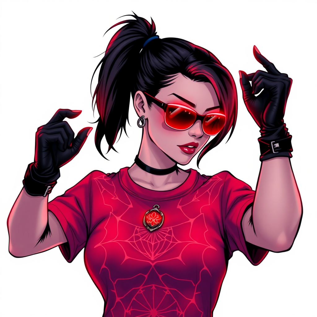 A hot 26-year-old mystical corporate hero hunter with a single black ponytail, maximum red lipstick, striking blue eyes, dressed in a maximum red t-shirt adorned with intricate neon red glowing web patterns, equipped with black biker gloves, and wearing glowing neon red-lensed shades and a mystical red gemstone amulet featuring an intricate web design that grants her the cunning and trickery of Anansi. She poses flirtatiously against a solid white background, exuding an aura of mystical power and intelligence. She is drawn as if she was in a retro 2D cyberpunk fighting game. She glows neon red showing her mystical powers.