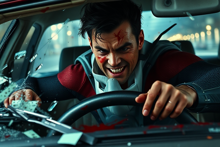 Realistic. Superhero in car crash, propelled forward with tortured face as impact sends superhero violently over steering wheel and out through windshield of car and out over hood of car. Much blood and glass flying. Mask being torn from face by breaking windshield.