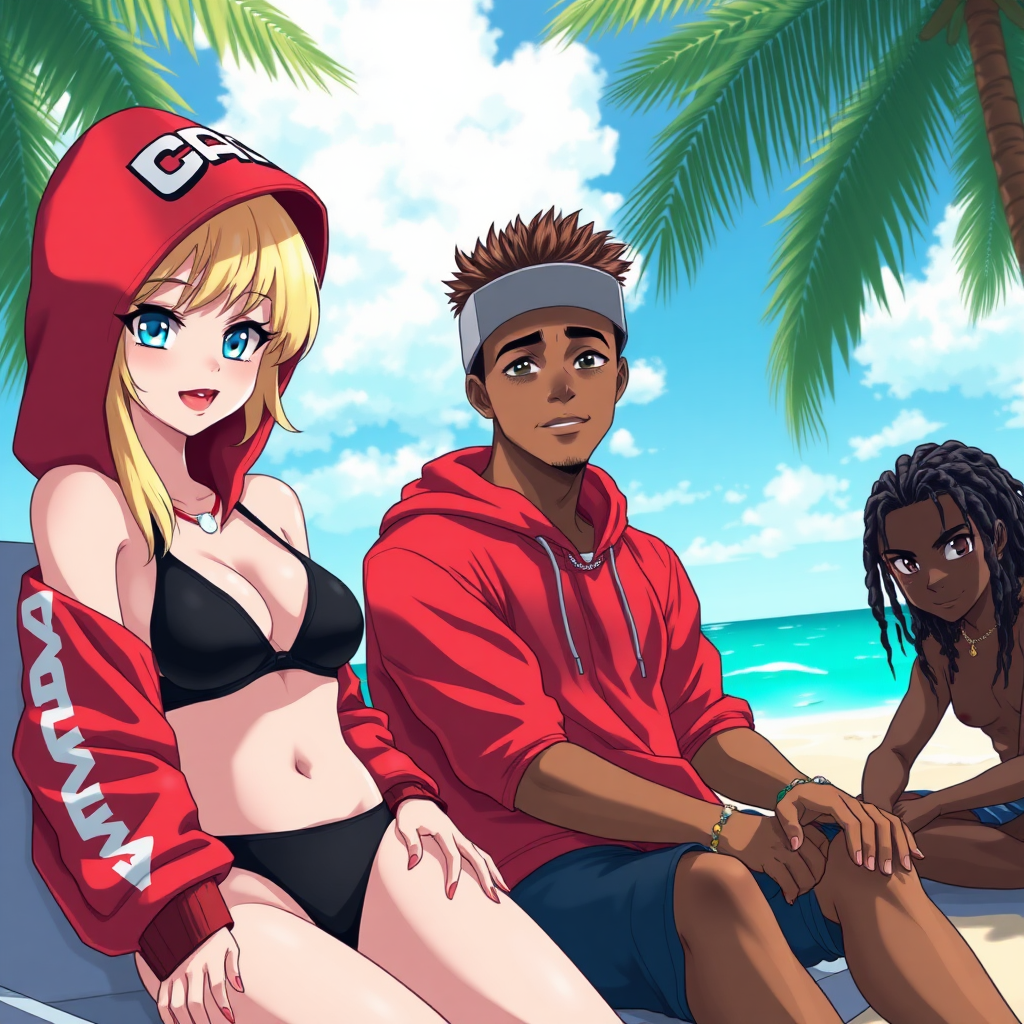 A high-quality anime art of a scene in Miami beach florida city,  3 people, a white-ghetto blond girl with blue eyes wearing a black-micro bikini under a red bape hoodie with red lips, white lips, a handsome white latino make with a sideways cap and brown-dark fohawk hair sitting next to her, also there is a black male with dreadlocks also next to the team.