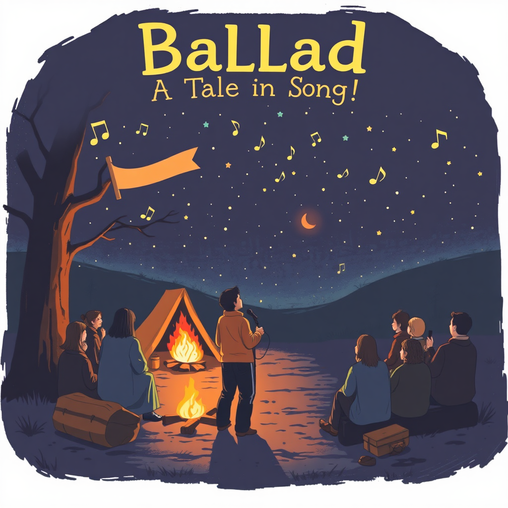 **Word Analysis**

**Ballad** is a type of poem or song that tells a story, often about love, adventure, or historical events. Ballads are usually written in simple language and are meant to be sung or recited, making them easy to remember.

**Example Sentences**

1. The folk singer performed a beautiful ballad about lost love.
2. Many traditional ballads have been passed down through generations.
3. The ballad of John Henry tells the tale of a steel-driver who challenged a machine.

**Root Analysis**

**Root** - The root of "ballad" comes from the Old French word "balade," meaning "a dance song."

**Derived Words** - Ballade, balladic

**Affix Analysis**

**Prefix** - None.

**Root** - "Ballad" itself is the base form.

**Suffix** - None specific to the word itself, but "-ic" in "balladic" relates to the quality or nature of ballads.

**Other Words with the Same Affixes** - Dramatic, poetic, melodic

**Historical and Cultural Background**

The term "ballad" dates back to the medieval period, originating in Europe as a narrative form that was often set to music. Ballads were important in oral traditions, as they conveyed stories and emotions in an accessible way. In Western culture, ballads have played a significant role in folk music, literature, and popular culture, often evoking nostalgia and connecting communities through shared stories.

**Word Forms**

- **Noun**: ballad
- **Plural Noun**: ballads
- **Adjective**: balladic

**Fixed Collocations**

- Traditional ballad
- Narrative ballad
- Love ballad

**Memory Aids**

To remember "ballad," think of "A SONG WITH A STORY." Visualize a singer telling a tale through their music. Another mnemonic could be: "Ballad = A Tale in Verse!"

**Word Illustration**

{ An imaginative scene depicting a singer standing by a campfire, surrounded by captivated listeners under a starry sky, with musical notes and flowing verses swirling around them, and a banner reading, "Stories in Song!" }