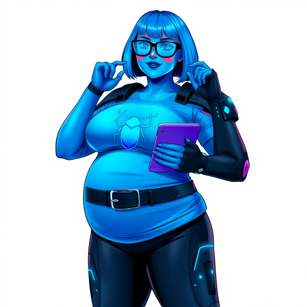 A 28-year-old, full-figured, metallic maximum blue (5PB 5/10) skinned computer program hybrid with a maximum blue bob cut. She has a non-athletic build, highlighted by a prominent, round, large midsection (with emphasis on her belly), which shows the effects of her love of junk food acquired from her boyfriend. As the full-figured, nerdy, digital sidekick to her cyberpunk vigilante boyfriend, her metallic maximum blue skin and maximum blue lipstick (5PB 5/12) emphasize her digital nature. Her skin has a subtle, animated glow, with digital patterns occasionally flickering across it, making her digital nature obvious. She wears a digital, computerized superhero costume, consisting of a huge, tight-fitting, maximum blue t-shirt (5PB 5/12) made out of advanced nanotech with a neon blue glowing chest icon of a beetle, hi-tech shoulder pads with neon blue accents, a black hi-tech belt with a digital neon blue glowing buckle, digital maximum blue biker pants (5PB 5/12) with neon blue accents, and black hi-tech fingerless biker gloves with neon blue glowing accents. Her neon blue glowing eyes, black eyeglasses with neon blue glowing lenses equipped with a built-in HUD, and bashful smile with neon red blush accentuate her nerdiness.

She stands with a shy, slightly hunched posture, one hand nervously adjusting her glasses while the other clutches a digital tablet close to her chest. Her pose reflects her intellectual curiosity and slight social awkwardness, much like Sci-Twi. Her costume covers all her skin and emphasizes her full-figured physique (especially her belly). Despite her build, she radiates beauty. She has a slim face compared to her physique, accentuating her radiant beauty. She is on a solid white background. She is drawn as if she were in a retro 2D cyberpunk fighting game.