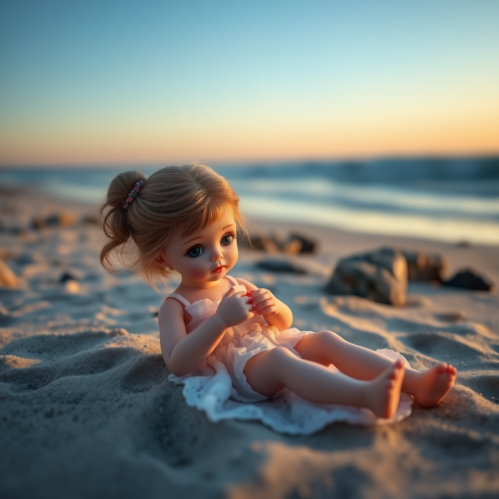 ooak art doll playing on the beach in the evening, blue hour, artist doll, realistic doll, life-like porcelain doll, young preteen girl, unique personality, bisque doll, aesthetic, artistic photography, sunshine, natural, translucent, reflective