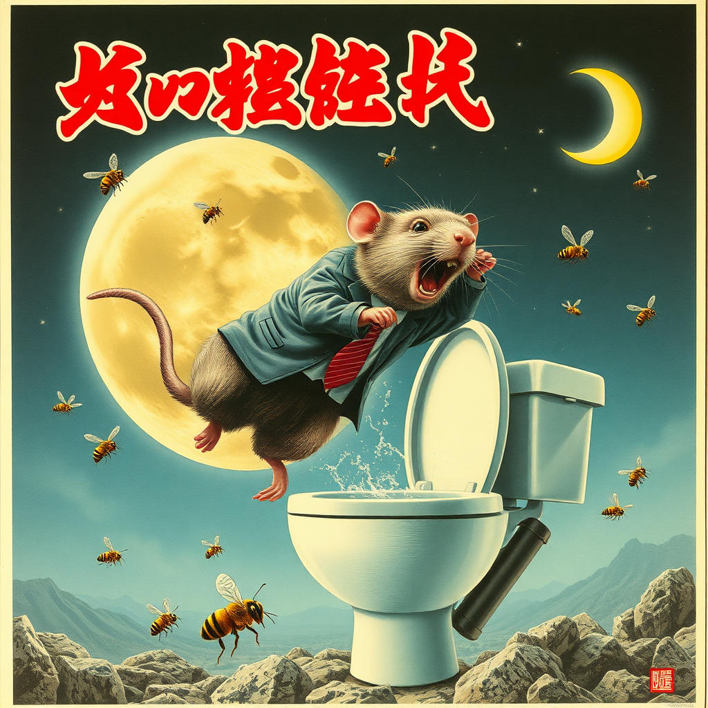 A rat politician diving off the moon into a toilet,bees, Mongolian , 90s musical movie poster