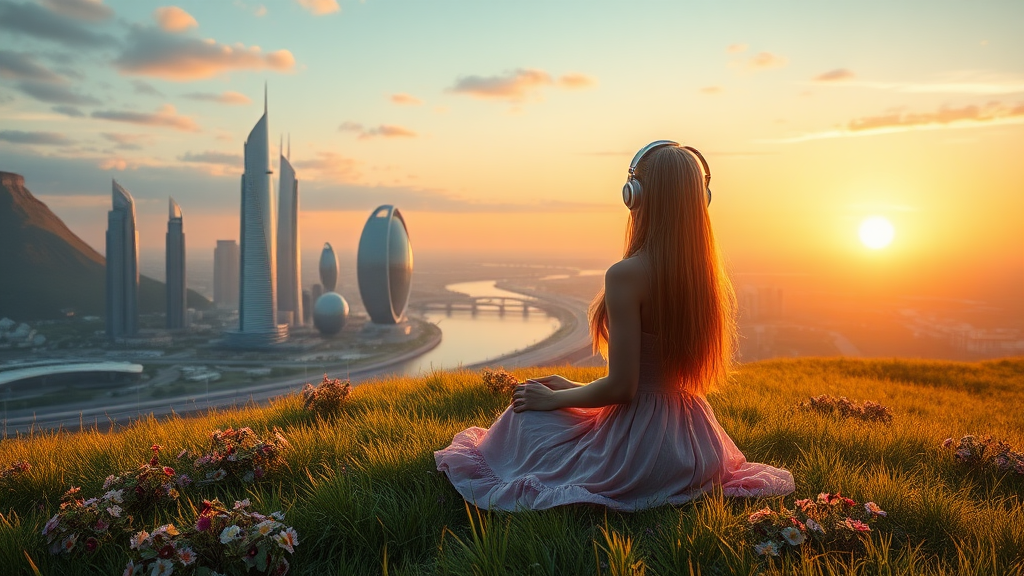 pretty woman long hair, pretty dress, sit on the grass with flowers, with headphone, alien planet, aliens buildings, with nice greenery flowers and rivers, beach, nice sunset, highways and streets, ultra realistic view high detail