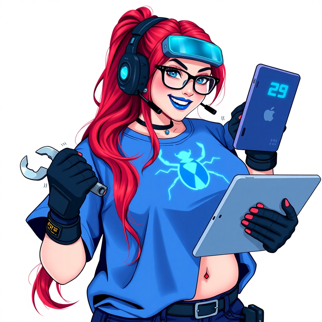 An intelligent and tech-savvy 29-year-old computer hacker and tech genius. She has a long ruby red ponytail. She wears maximum blue lipstick, blue eyes, a sapphire beetle gemstone necklace, sapphire earrings, black eyeglasses, hi-tech power gloves, and an oversized maximum blue t-shirt featuring a neon blue glowing beetle chest icon. She has a full-figured, well-rounded physique with a large prominent midsection, reflecting her well-cared-for lifestyle. She sports a sapphire headset with a hi-tech maximum turquoise lensed HUD, and a beaming smile accentuated by a passionate neon red blush. She serves as his tech expert from his hideout, holding a futuristic tool wrench and a futuristic digital tablet. The background is solid white. She is drawn as if she was in a retro 2D cyberpunk fighting game.