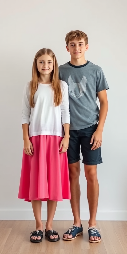 A realistic photo of a 14yo teen boy and girl. Russians. Long legs. Full length view.