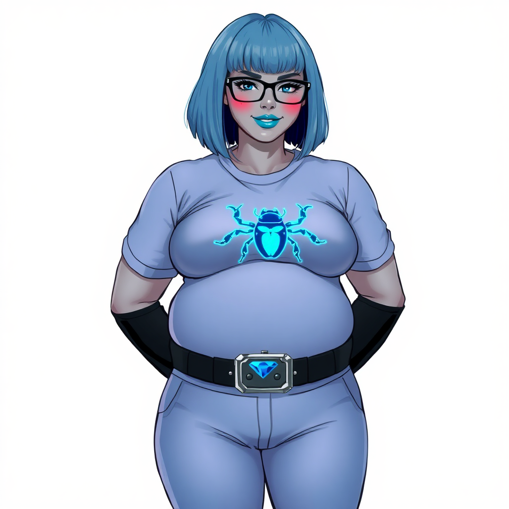 A 28-year-old, full-figured, middle gray metallic-skinned computer program-human hybrid with a maximum blue bob cut. She has a non-athletic build, highlighted by a prominent, round, midsection. As a digital sidekick, computer hacker, and nerdy girlfriend to her cyberpunk vigilante boyfriend, her middle gray metallic skin and maximum blue lipstick emphasize her digital nature. She wears a costume consisting of a tight-fitting, maximum blue t-shirt (that accentuates her figure especially her belly) with a neon blue beetle chest icon, a black belt with a sapphire scarab buckle, maximum blue pants, and black gloves. Her bright blue eyes, black eyeglasses, and lovestruck smile with neon red blush accentuate her nerdiness. She stands bashfully with her hands behind her back, her costume covering all her skin. Her full-figured physique is fully emphasized and clearly not that of an athletic person. She is on a solid white background. She is drawn as if she was in a retro 2D cyberpunk fighting game.