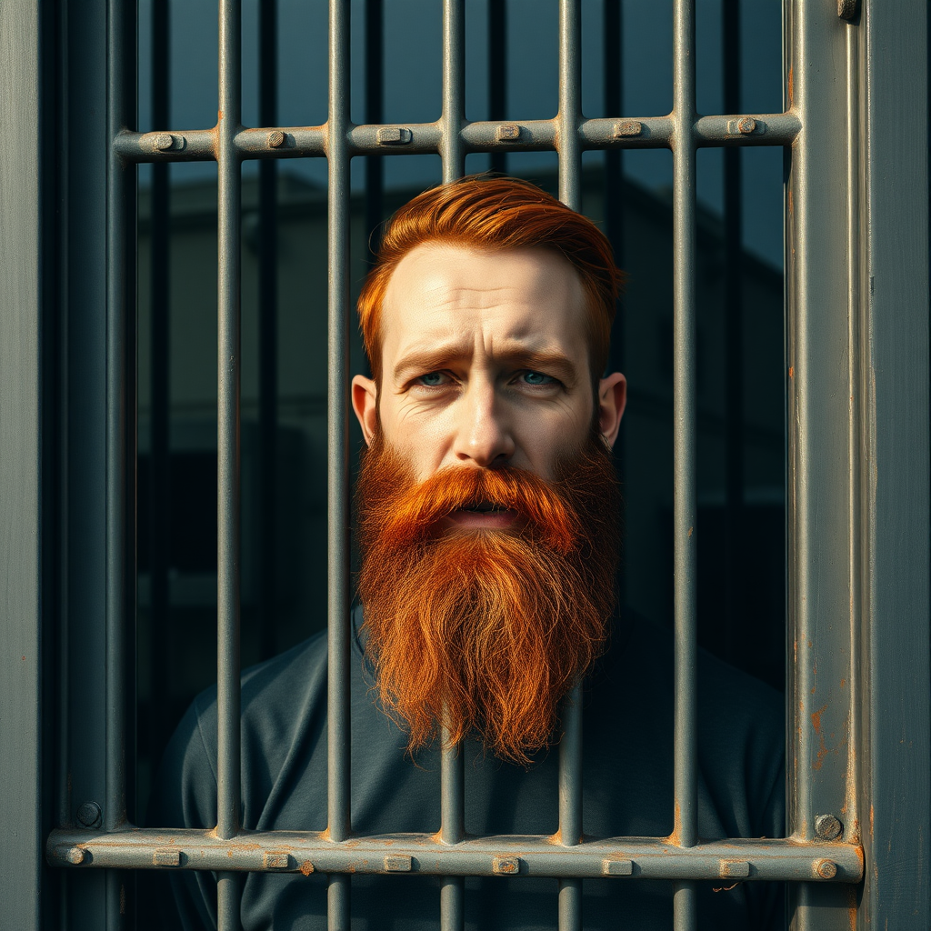 a man with scarlet copper hair and full beard standing on the outside of a locked security door with clear glass inlets, the man is crying bitterly