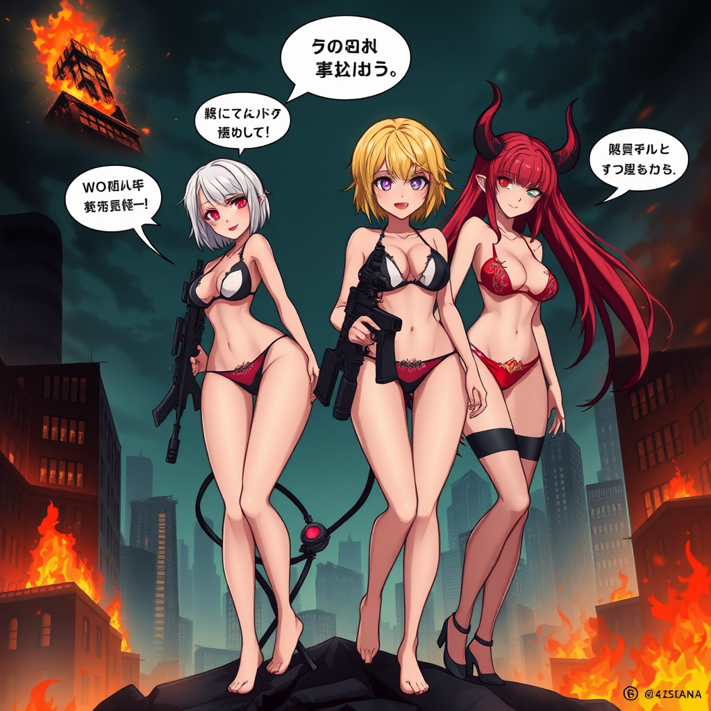 Anime, city on fire background, 4 mischievous tall-slender demon women, short blond hair, wearing sexy-micro bikini-bra-like clothing, micro g-string bikini, Womb tattoo on belly, mischievous wicked lusty smile, large breasts, full body, long legs, looking at viewer, speech bubble with a burning city, holding rifle, a building crumbling and exploding, 1 women has long-white hair with 2 middle fingers, a pink vagina-shaped portal opened afar, 2nd women has long-crimson hair and is wearing nothing but red-gem tit coverings.