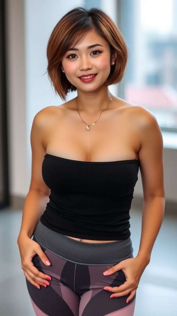 A beautiful Chinese woman, short hair, plump figure, small breasts, yoga pants.