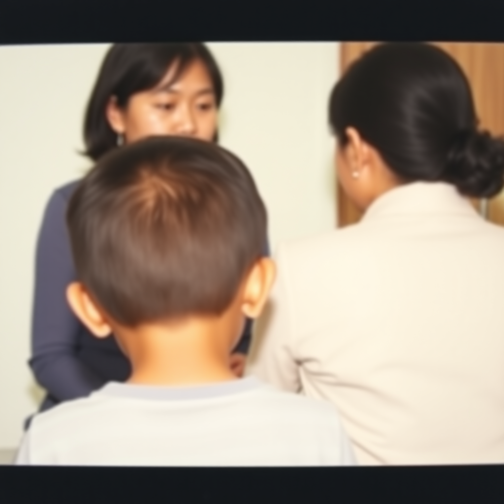 An amateur photograph, taken from behind a child. The child is sitting down. A female counsellor is sitting behind the child. The counsellor is east Asian. The child and the counsellor are engaged in conversation. Underexposed. Noisy.