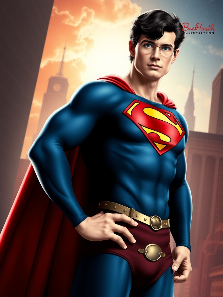 Create a full-length image of Superman using the body of Velma Dinkley: keep Superman's head, hairstyle, and facial features intact. Retain Superman's costume, incorporating embellishments from Velma's attire, and adjust the costume for the new proportions. Design the background by blending elements from both characters' worlds for a harmonious and creative backdrop.