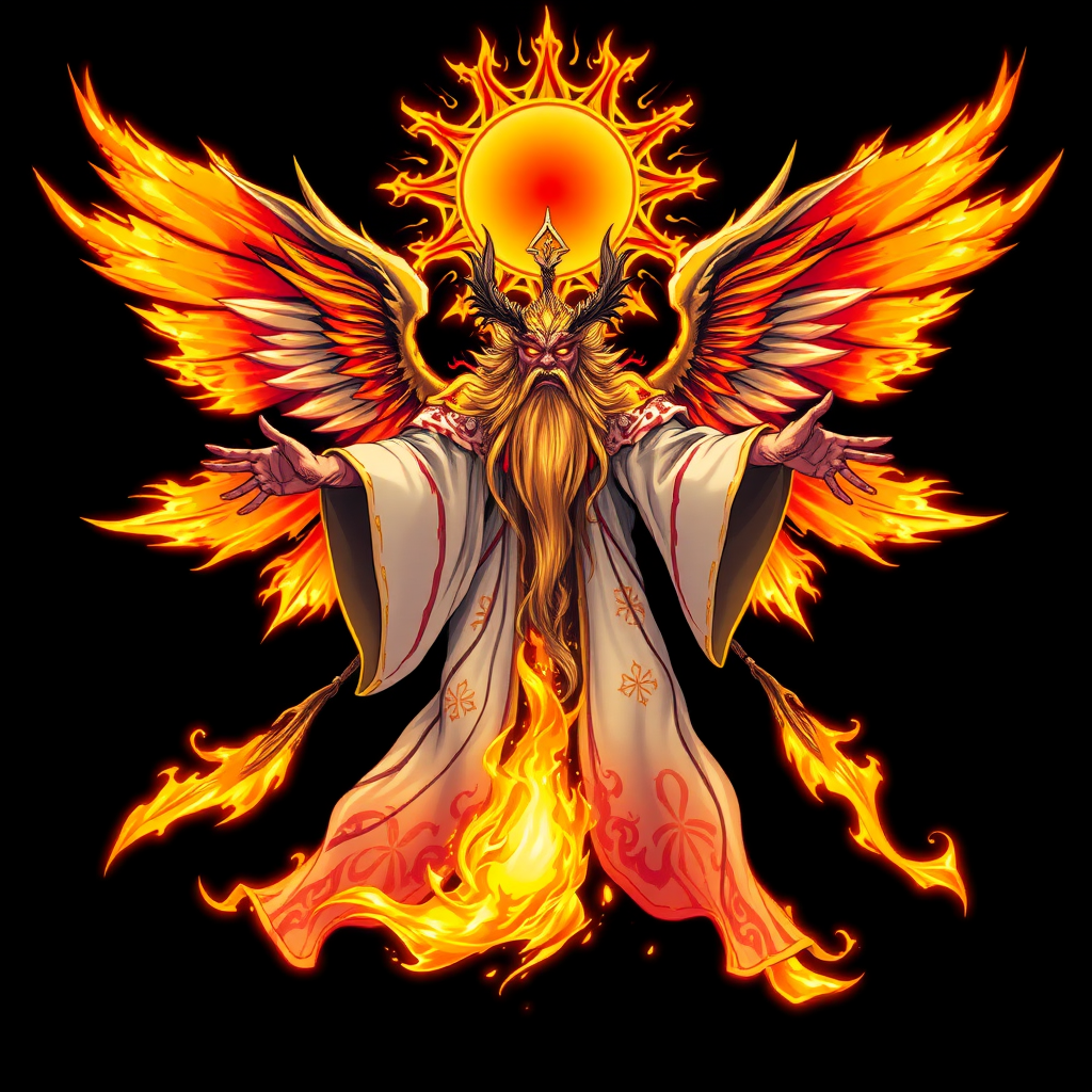 (High quality Anime styled art) Black background of a A divine yet malevolent entity, embodying both holiness and corruption, floats ominously in mid-air. Four blazing, fiery wings radiate intense solar energy, while a shattered halo resembling the sun hovers above its head. Clad in flowing robes of white, gold, and black with solar patterns, the being's long beard sways as its wrathful, ember-like eyes burn with fury. In one hand, it grasps a searing solar flame, glowing in vivid shades of yellow and orange, exuding a powerful and foreboding energy.