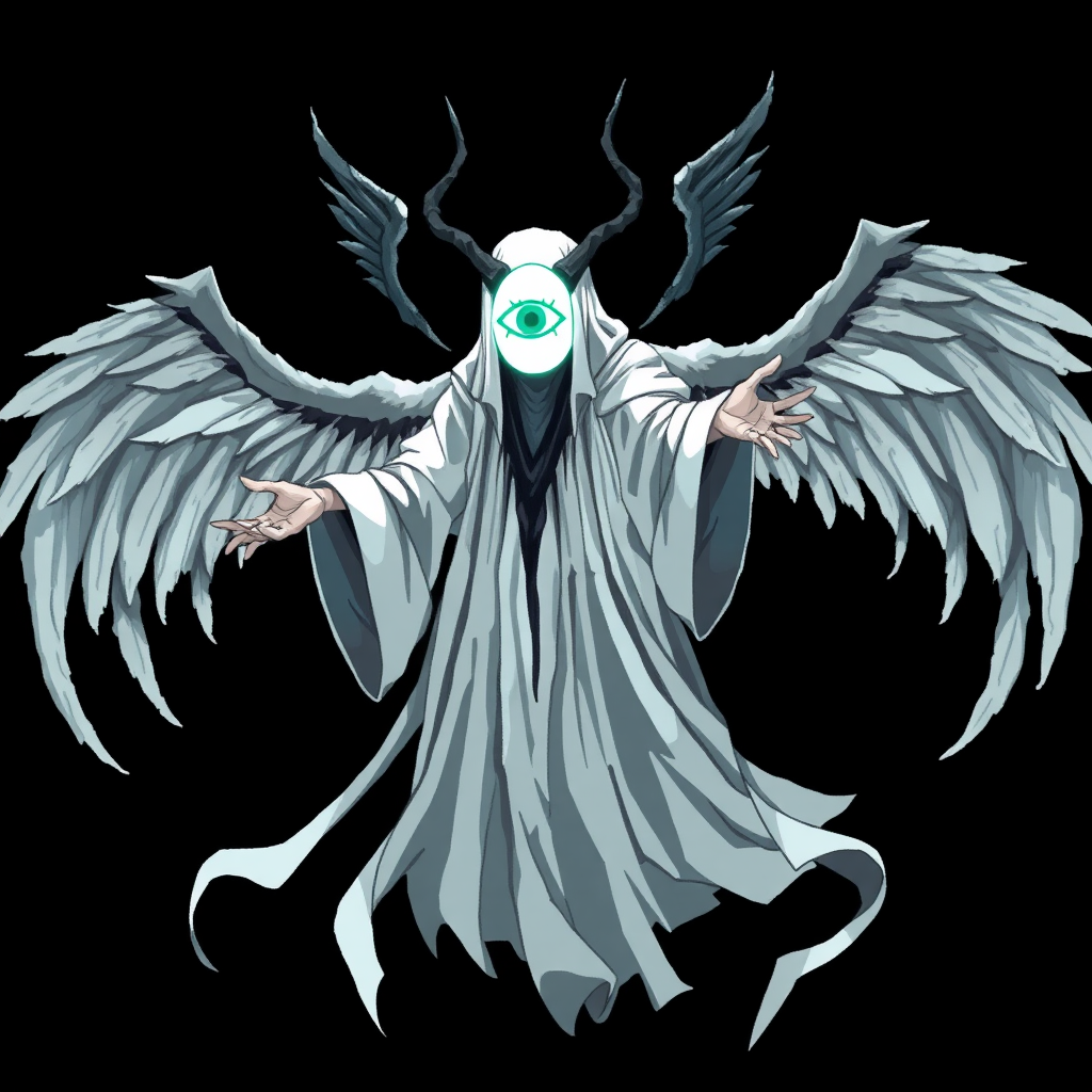 (Anime Pixel-styled art) Black background, a haunting godly-powerful angelic figure known as Yaldabaoth, the Demiurge, hovers ominously in mid-air. His tall, ghost-like form exudes a spectral presence, draped in flowing white-and-black robes that billow with an ethereal energy. His entire face is veiled by a strange and eerie, pure white circular light, from which a single eye symbol glows faintly in its center, casting an unsettling aura. Four large, menacing horns crown his head, giving him an air of divine yet terrifying power. Behind him, four angelic wings, majestic and shadowy, spread wide—simultaneously invoking grace and fear. His outstretched hands seem to beckon with an unknown purpose, completing his full-body, otherworldly presence in the dark expanse.