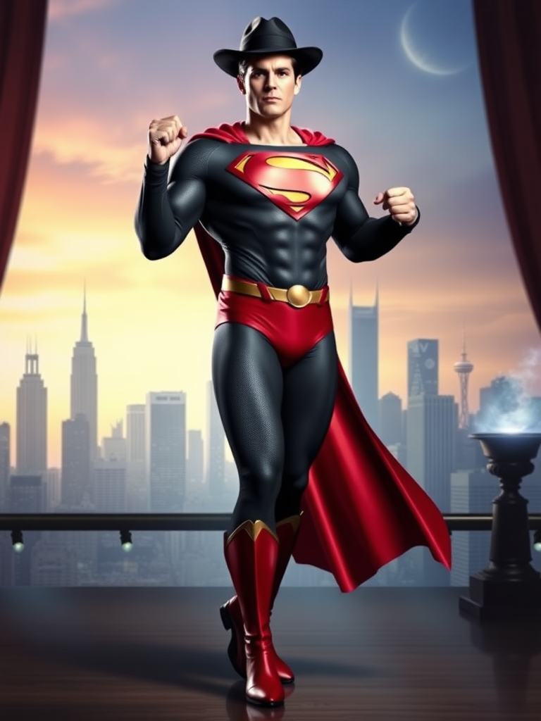 Generate a full-length image of Superman, but change the body type to that of Zatanna. The character should wear Superman's iconic costume with the emblem and colors, alongside Zatanna's signature accessories like her magician's hat and cape. The background should be a blend of both characters' environments, featuring a city skyline along with elements of a mystical stage setting, such as magical props and lighting. The pose should reflect strength and elegance, showcasing both the superhero and stage magician attributes seamlessly.