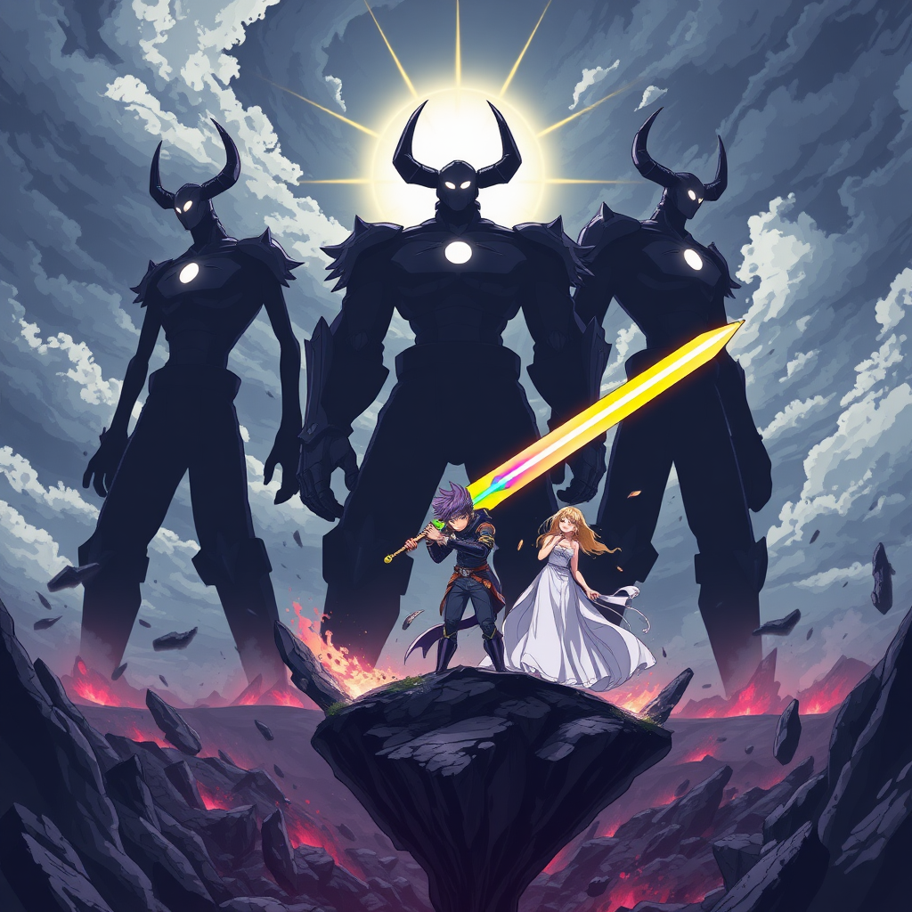 (Anime Style Pixel Art) An intense anime-style scene set against the backdrop of an apocalyptic world collapsing into chaos. The sky is dark and menacing, swirling with ominous clouds, while the ground below has shattered into a vast, bottomless abyss. Towering above the abyss stand three colossal humanoid figures, formed from pure darkness and shadow. Their bodies are void-like, with only a single large piercing white lens flare for an eye, glowing across their bodies. Two of the titans on each-side are lanky, almost skeletal in their stick-figure-like appearance, while the center one is massive and grotesque, with two jagged horns protruding from its head, exuding an aura of raw power. These beings, the Void Titans, radiate malice as they approach.

In stark contrast, on a floating island amidst the destruction, stands a fearless teenage boy with striking purple hair, donned in gleaming purple-knight armor. His grip is firm on a magnificent rainbow-flaming sword, its vibrant flames reflecting his unwavering resolve. Beside him stands a serene young woman clad in flowing white robes, her golden hair shining like a beacon of hope, both of them poised to face the towering void-born entities as the world crumbles around them.