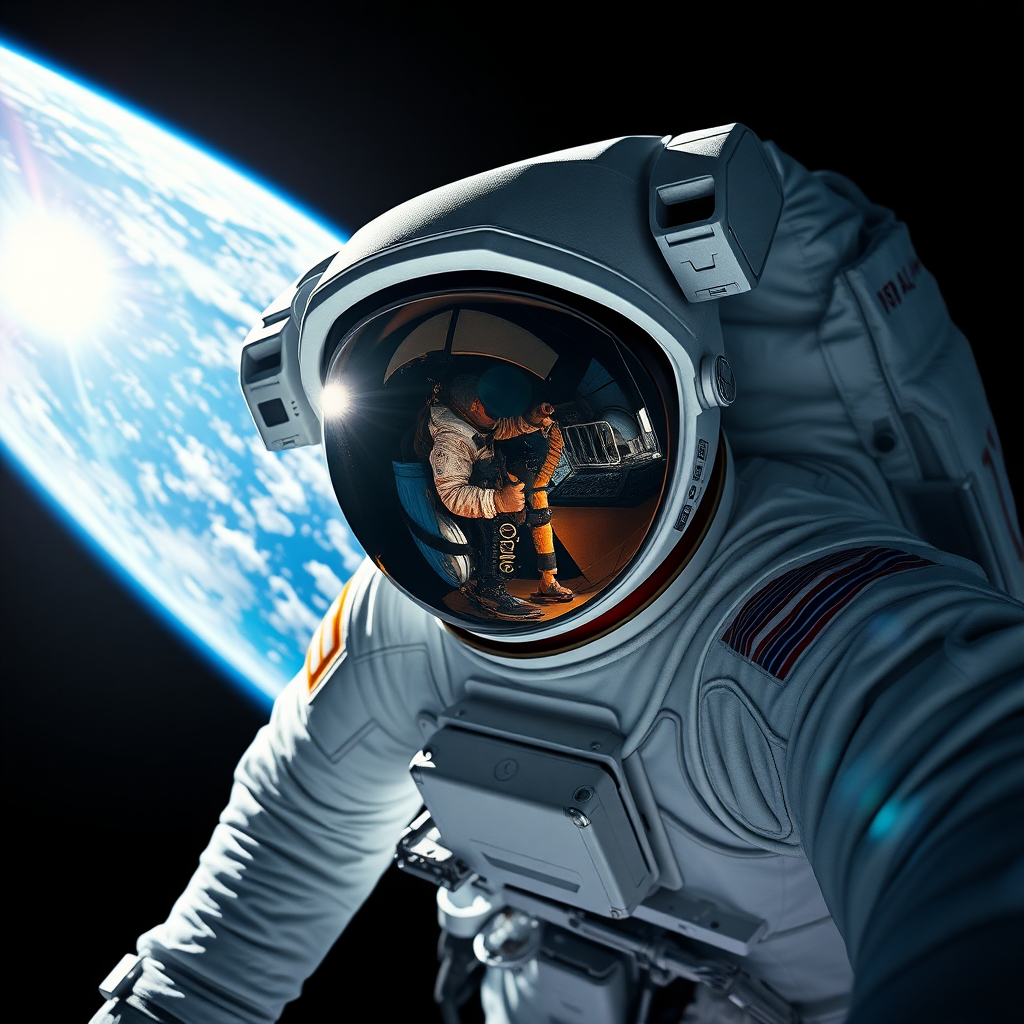 Astronaut in a white spacesuit, floating in space, with Earth in the background. The scene captures a hyperrealistic view showcasing the intricate details of the suit, including textures and reflections in the visor. The visor reflects another astronaut and elements of the spacecraft. The background features deep blues and whites of Earth and the vastness of space, with a dark, almost black, void surrounding it. Bright sunlight highlights parts of the astronaut's suit, creating stark contrasts and emphasizing the details. Include hints of light shimmering off the helmet and the colors of the spacecraft against the cosmic backdrop.