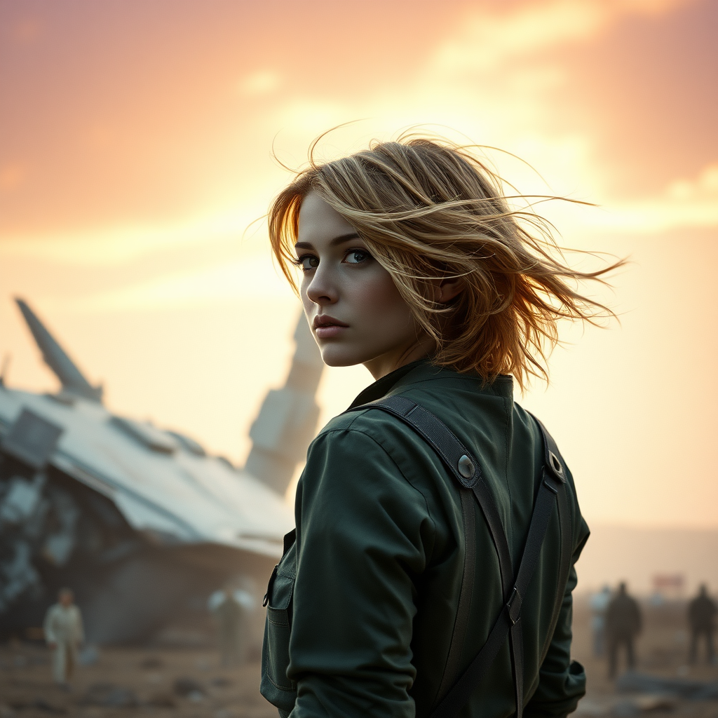 A full body shot from behind of a pretty twenty-something female with a face resembling (Ana de Armas). Strawberry blonde messy shoulder length hair tussled by wind. Military outfit. It is dawn. There is a giant crashed spaceship out of focus in the background. A giant robot is tearing pieces off of it. Hyper-realistic, Photorealistic digital matte painting, soft focus, film grain, lens flare. Gritty, dirty, scuffed.