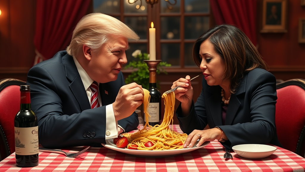 Photoreal style. ratio: 16:9. Donald Trump and Kamala Harris eating in an Italian restaurant a la the one in 'Lady and the Tramp.' Checkered tablecloth, Chianti bottle used as a candle holder. No forks. Both humans are eating spaghetti from one shared plate with their hands, and end up eating the same piece of spaghetti, making their heads meet.