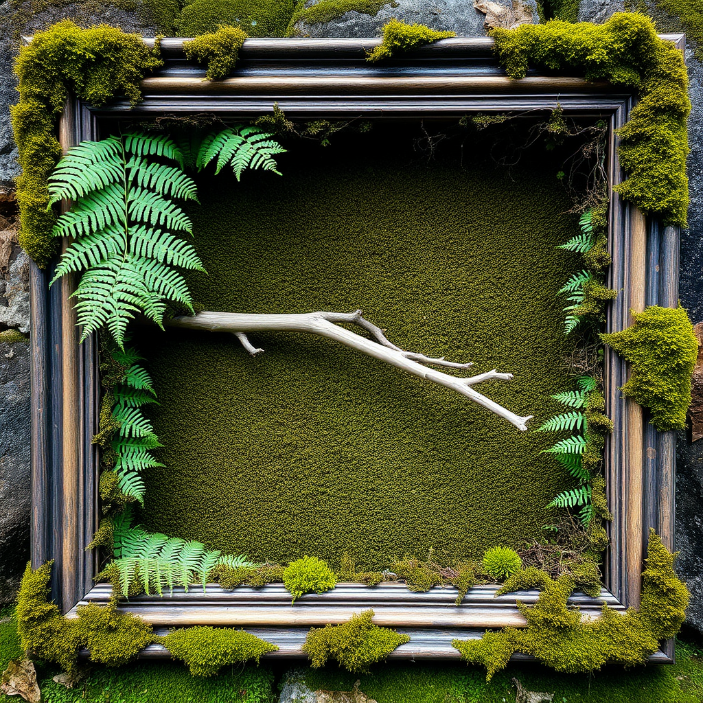 A picture frame is filled with ferns and moss, with a dead branch in the middle, and moss covering the empty corners.