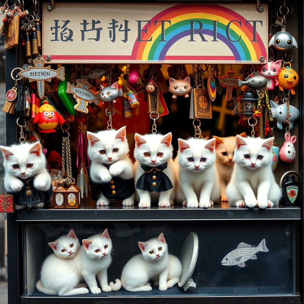 A street stall staffed by white kittens filled with kitschy keychains for tourists in Berlin, cats, Catholic, vampire, cross, tacky, rainbow, raining, weird, post-apocalypse, fish, punk rock.