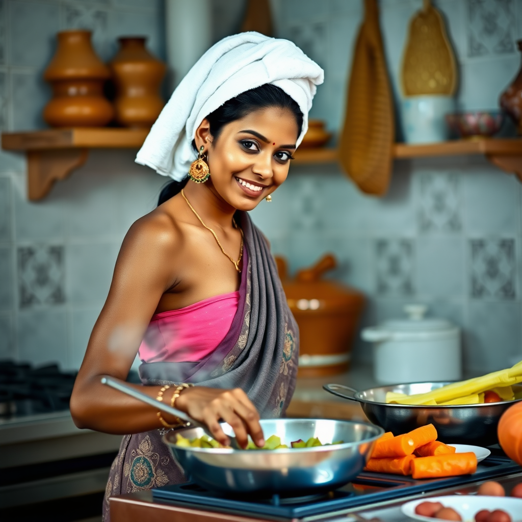 slim, 35 year old, traditional indian wife, towel head, cooking food in kitchen