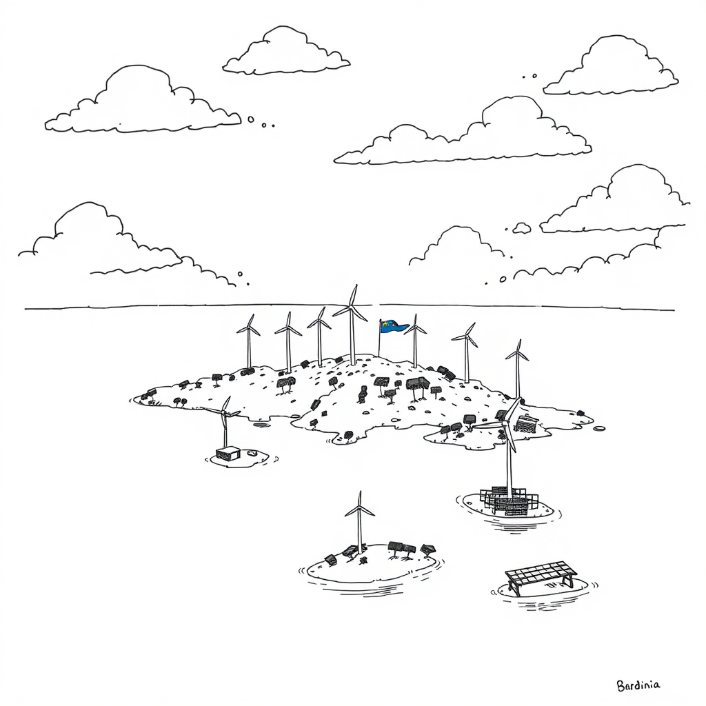 Create a comic drawing of Sardinia with its small islands showing it being overwhelmed by enormous wind turbines and solar panels. The style is a minimalist drawing with only black ink.