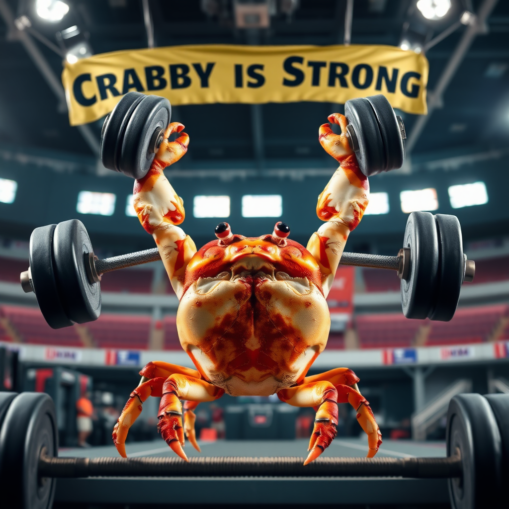 A photo realistic crab lifting weights over his head with his claws in a sport arena with a banner overhead that says "Crabby is Strong"