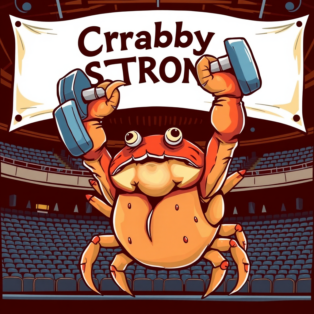 A crab lifting weights over his head with his claws in a sport arena with a banner overhead that says "Crabby is Strong"