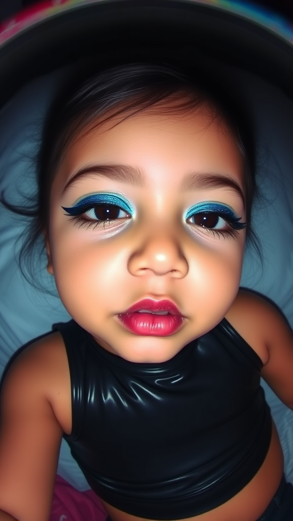 four-year-old-latina-female-child.
She is wearing intense-blue-glitter-eyeshadow, thick-winged-eyeliner with very-dramatic-eyeliner-wings, and dark-burgundy-glossy-lipstick.
She is wearing a tight-glossy-latex-sleeveless-crop.
Her mouth is half-closed, eyes half-closed.
Fish-eye-lens, laying down in a dark motel room, amateur flash photography.