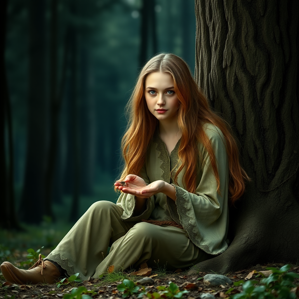 In a fantasy world. A young human druid about 18 years old sits at the foot of a tree, her light brown hair falling down her back. The young woman resembles Luna Lovegood, the character from Harry Potter. She holds a small bird in the palm of her hand. The background is a rather dark forest, photorealistic, high definition.