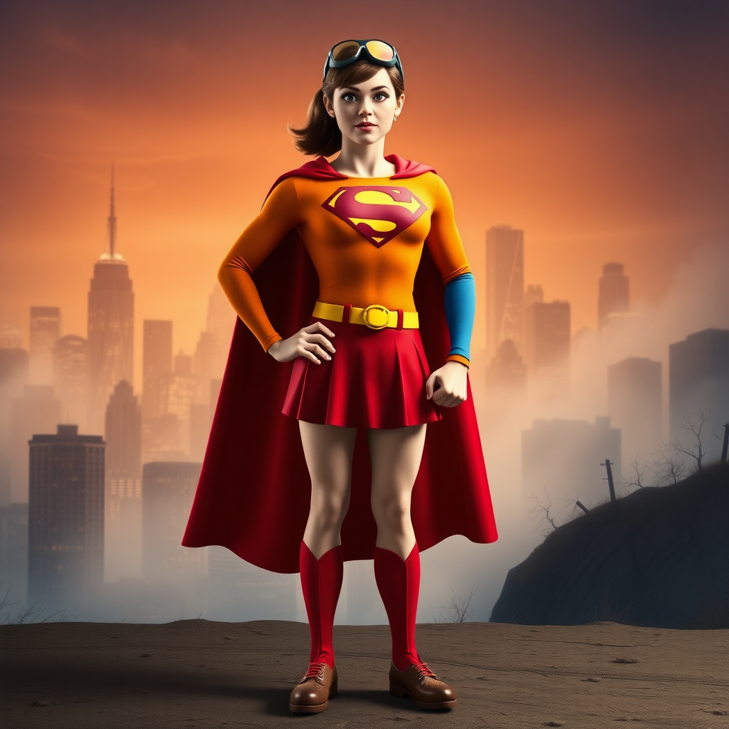 Create a full-length rendered image of a hybrid character combining Velma Dinkley’s features and Superman’s body type. The character wears Velma's classic orange turtleneck and red skirt, complemented by Superman’s iconic cape and emblem. Set the background in a vibrant blend of the Mystery Inc. world and Metropolis, showcasing a bustling city skyline alongside a spooky, fog-laden landscape. The lighting is dynamic, highlighting the character's confident stance as they stand heroically, ready to solve mysteries or save the day. Capture a sense of adventure and whimsy in this unique crossover.